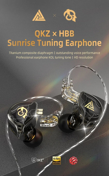 QKZ X HBB Best HiFi In Ear Wired Earphones 10mm Titanium-Coated Diaphragm Semi-open Cavity CNC Aluminum Alloy Monitor Headphone