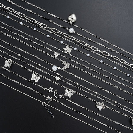 13Pcs/Set Simple Temperament Necklace Set Butterfly Pearl Heart Star Zircon Silver Color Necklace for Women Fashion Jewelry Gift