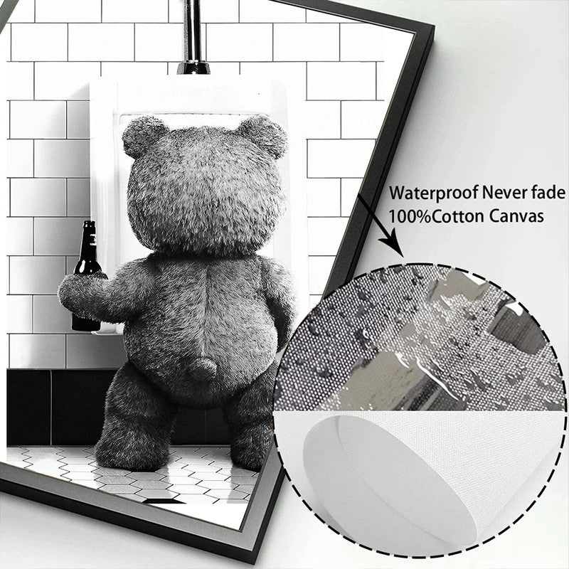 Black White Cute Bear Bathroom Decoration Poster Canvas Print Painting Wall Picture Art Modern Fashion Room Home Toilet Decor
