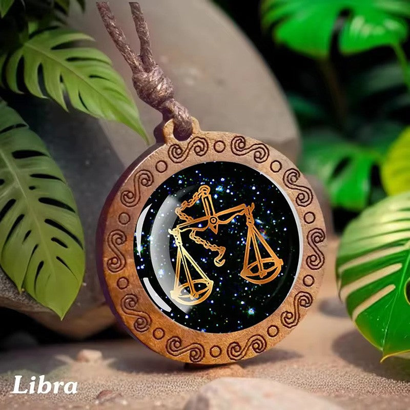 Vintage 12 Zodiac Sign Glass Wooden Necklace Adjustbale Long Rope Chain Necklace Constellation Jewelry