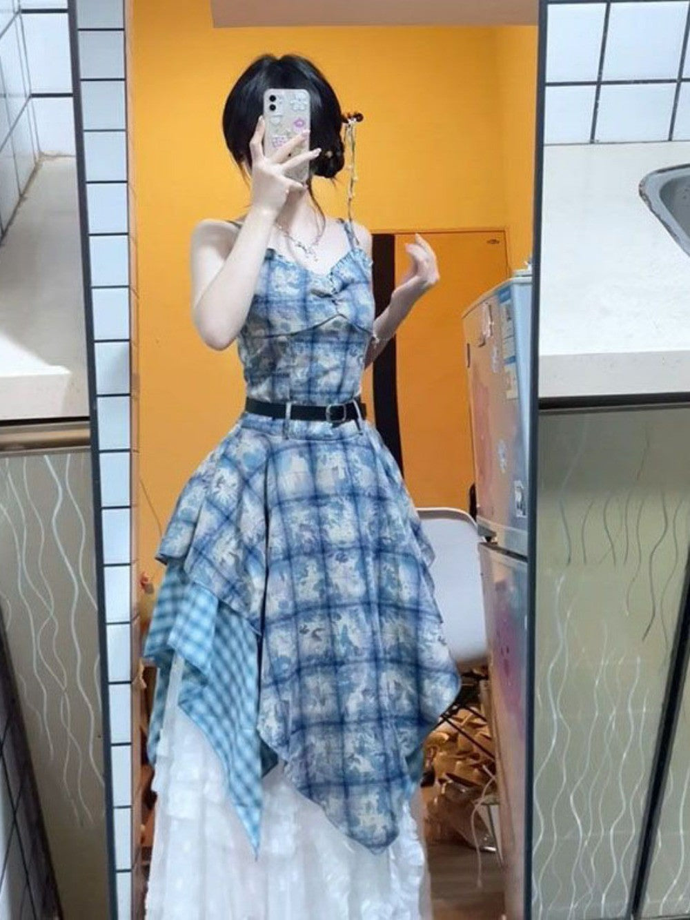 Watercolor Gingham Slip Dress Women 2025 Summer Sweetheart Aesthetic Asymmetric Tie Waist A Line Dreamcore Romance