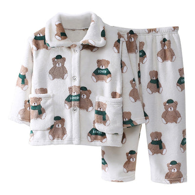 High Quality Coral Fleece Flannel Cute Cartoon Pattern Pajama Sets Boys and Girls Long Sleeve Warm Comfortable Winter Sleepwear