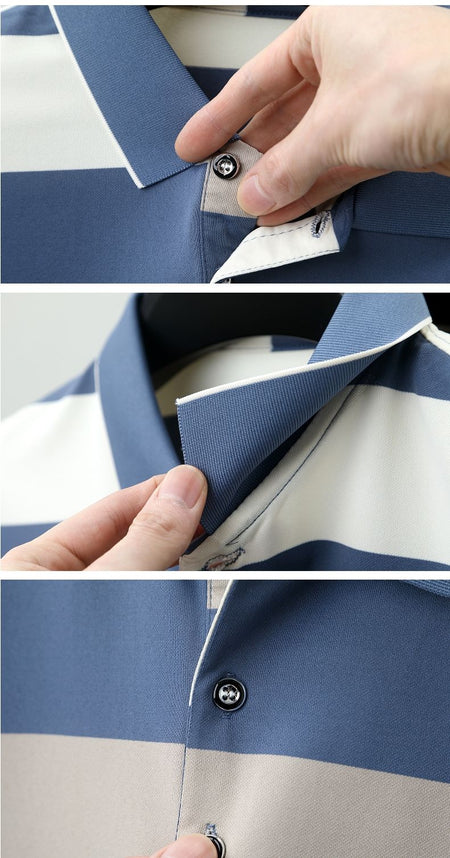 100% pure cotton fashion short sleeve polo shirt men's luxury brand embossed wide stripe color blocked summer casual lapel top