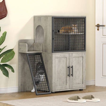 Cat Litter Box Enclosure with Platform,Double Layer Cat Litter Hidden Furniture,Cat Washroom Furniture,Cat House with Ladder