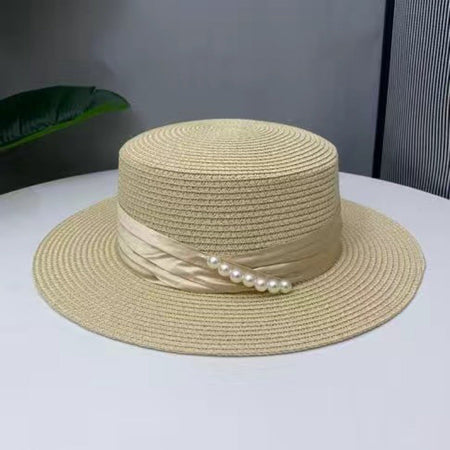 2024 Summer French Elegant Beach Straw Hats for Women Visor Fitted Hat Brim Jazz Travel Pearl Female Casual Panama Hat Suncap