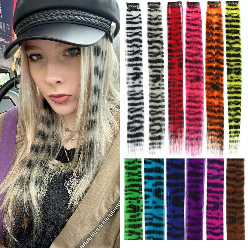 Colorful Feather Hair Extensions 8Pcs 18" Animal Stripe Print Hair Clip-on Rainbow Synthetic Hair for Cosplay, Party, Festivals