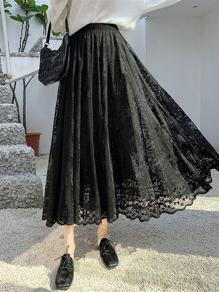 Plus Size plus Size Lace Hollow out f Skirt mid Waist Long Sle Fairy Skirt A-Line Umbrella Skirt Trendy Women's Clothing