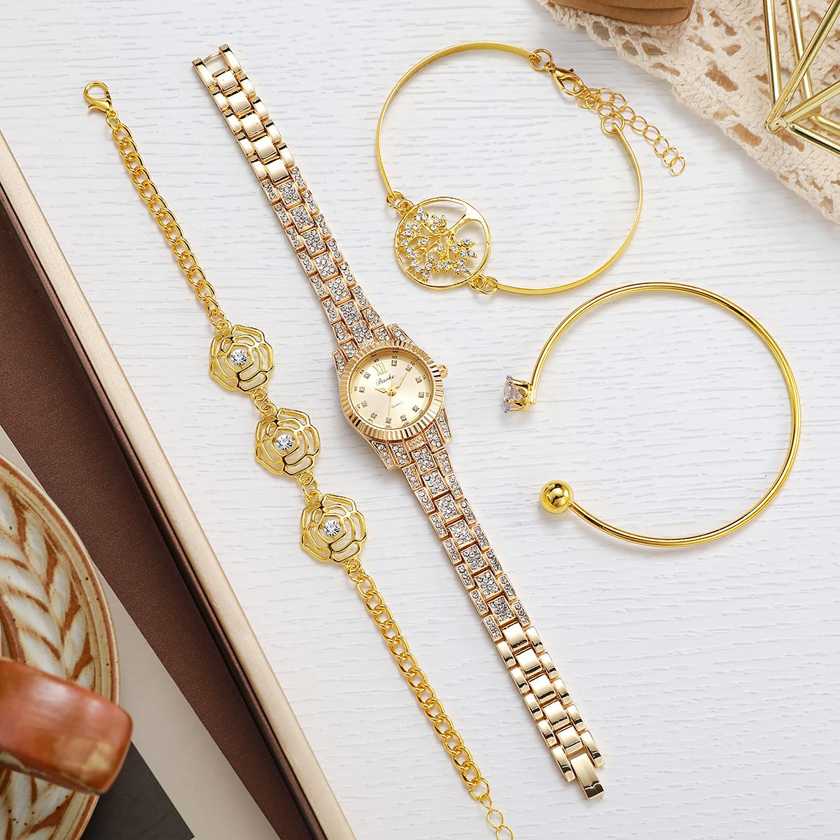 Light Luxury Golden Diamond-encrusted Quartz Watch Set Rose Tree of Life Jewelry Bracelet Daily All-match Gift Box