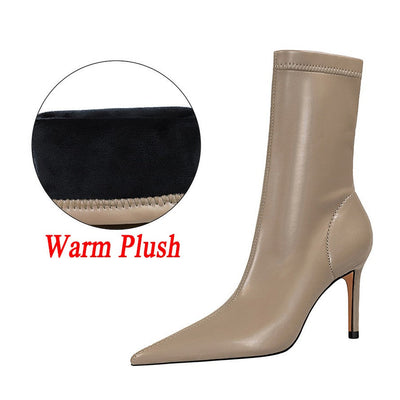 Women 7.5cm 10cm High Heels Leather Boots Lady Low Heels Short Ankle Boots Stripper Winter Warm Snow Plush Pointed Toe Shoes