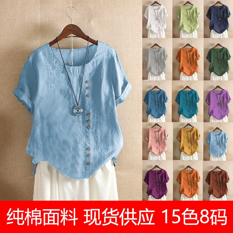 New Summer Women's Plus Size Shirt O-neck Cotton and Linen Loose Casual Ethnic Style Elegant Casual White Pink Top for Women