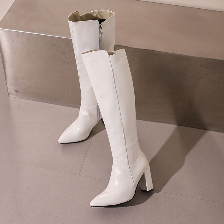Sexy Women Knee High Boots Pointy Toe Chunky Heels 9CM Boot Large Size 44 45 46 With Zipper Winter Outdoors Leather Female Shoes