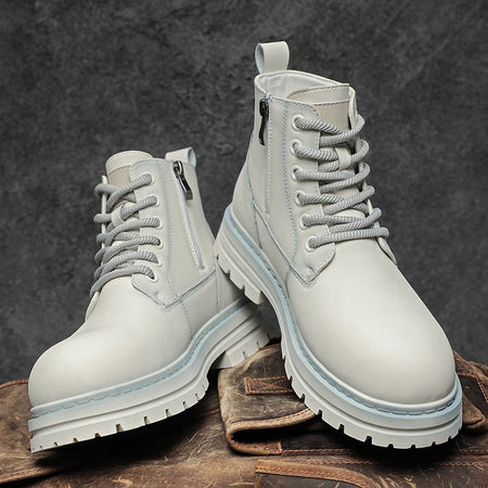 New winter men's shoes rain boots motorcycle leather shoes plush warm outdoor leisure high-top lace-up women's boots