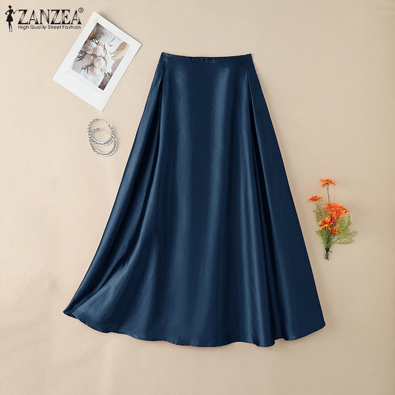 2025 Stylish Autumn High Waist Party Satin Skirts ZANZEA Women Jupe Plus Size Solid A-line OL Work Faldas Saia Maxi Long Skirt