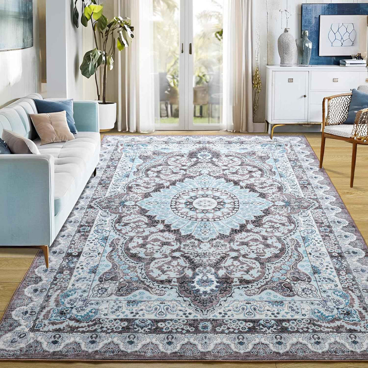 Area Rugs for Living Room, Machine Washable Vintage Rug, Non-Slip Low Pile Throw Rugs with Rubber Backing Washable Carpet