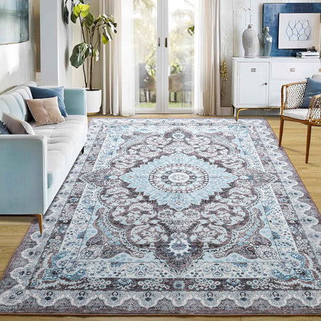 Area Rugs for Living Room, Machine Washable Vintage Rug, Non-Slip Low Pile Throw Rugs with Rubber Backing Washable Carpet