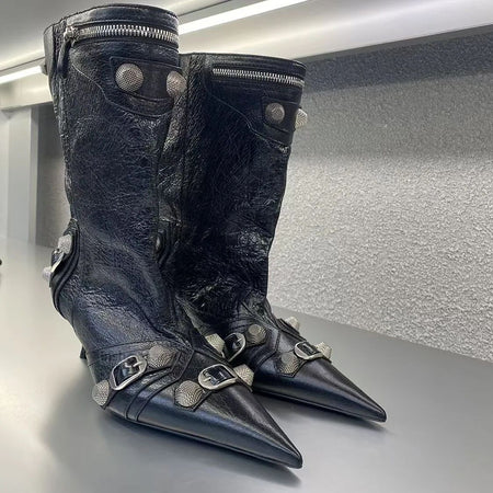 Women's Sexy Stiletto High Heels with Rivet Decoration, Wide Barrel Knee Length Boots, European and American Fashion Show Boots