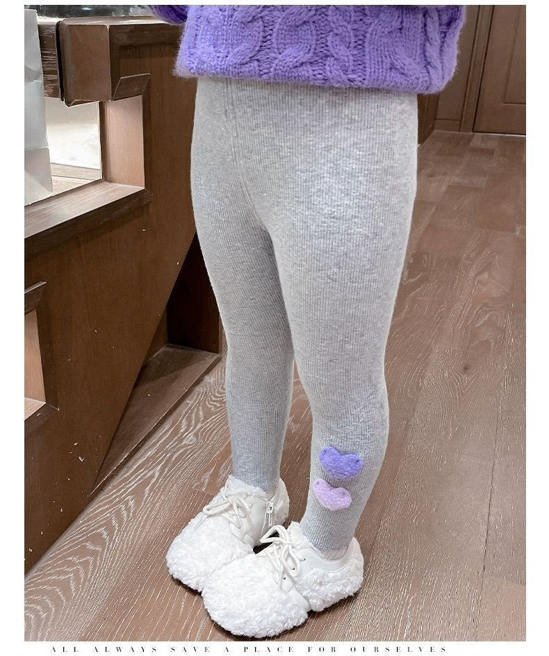 1-6Y Fleece Lined Leggings for Girls Winter Warm Bear Patch Elastic Pants Soft Kids Trousers Teenage Girls Clothing