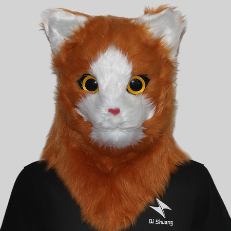 Movable Mouth Cat Head Mask Animal Latex Cute Helmet  Artificial Fur for Halloween Costumes Party Props Adult Size