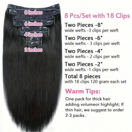 24 Inch 250 % Density Clip In Hair Extensions Real Human Remy Black For Women Invisible Natural Straight Seamless 8pcs 100g