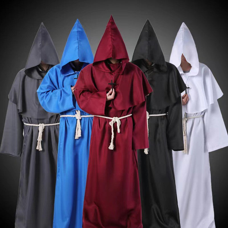 Halloween Wizard Cosplay Medieval Monk Hooded Robe Costume Mask Hat For Men Steampunk Priest Horror Masquerade Unisex Cloak Cape