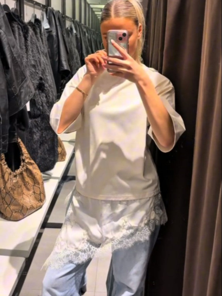 Fashion Lace Patchwork Mid Sleeve Tops for Women Elegant O Neck Loose Female T-shirt Spring New Lady Solid Shirts High Street