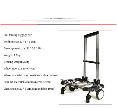 Full folding stainless steel luggage car Bearing capacity 30kg luggage Easy to carry trolley suitcase  Schoolbags shopping carts