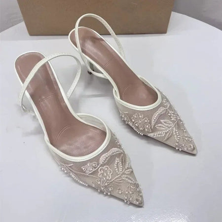 Woman Designer Mesh Open Heel Sandals Shoes Fashion Print Pointed End Women High-heel Pumps Sexy Stiletto Lady Mules