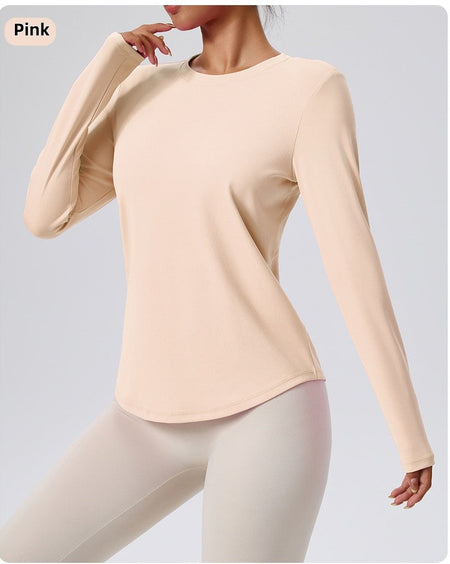 Naked Spring and Autumn Round Neck Fitness Yoga Clothing, Slimming and Slimming Base, Sports Top, Pilates Long Sleeve, Female