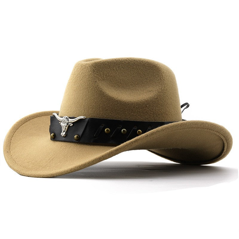 New Western Cowboy Hat Roll Brim Cowgirl Cap Cowboy Jazz Fedora Hats Felt Cap with Cow Band for Women Men