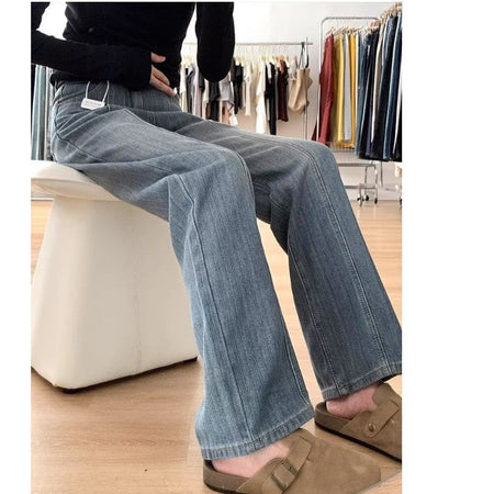 Retro Textured Wide Leg Denim Jeans Loose Drapey Straight Long Trousers for Women High Waist Casual Sle Spring Season