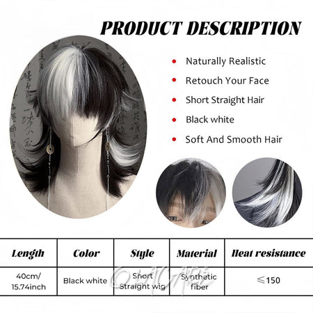 OLACARE Short Mullet Head Wigs with Bangs Synthetic Straight Anime Men Black White Gray Green Hair Wig for Daily Party Cosplay