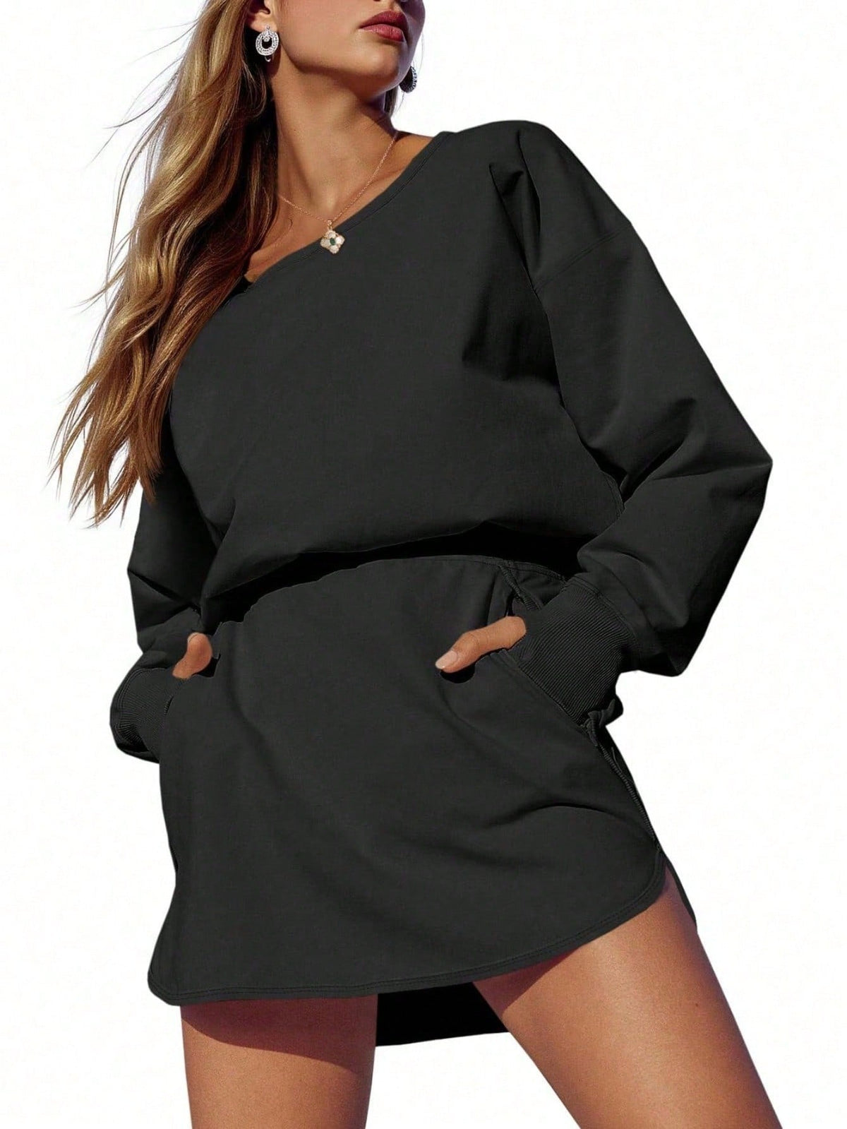 Sexy Women Long Sleeve Active Dress Mid-Calf Elastic Waist Pleated Backless Keyhole Workout Dress With Built In Shorts