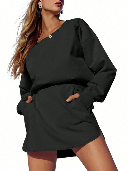 Sexy Women Long Sleeve Active Dress Mid-Calf Elastic Waist Pleated Backless Keyhole Workout Dress With Built In Shorts