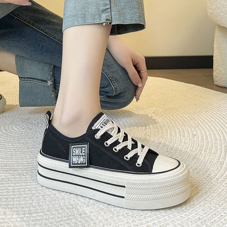 2024 New Women's Black Platform Canvas Sneakers Lace-up Comfortable Shoes Fashion Outdoor Multi-functional Sports Canvas Shoes