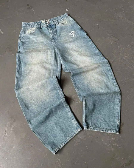 Y2K American New Trend Hip-hop Gothic Embroidered Jeans Men's Street Harajuku Leisure Loose Straight Wide-leg Pants Unisex Jeans