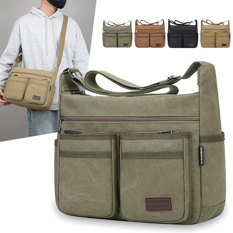 Neutral business casual crossbody bag - adjustable shoulder straps, multiple zippered compartments, durable black polyester lini