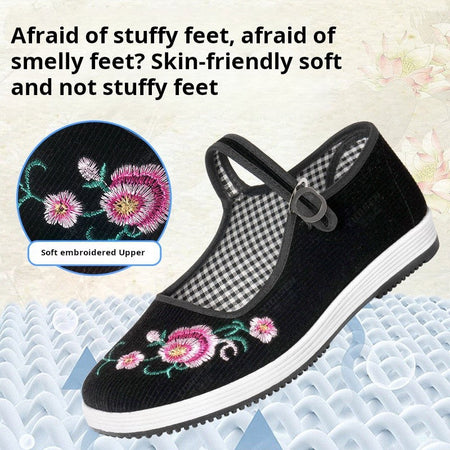 Women's Traditional Chinese Embroidered Cloth Shoes Vintage Handmade Floral Pattern Non-Slip Sole Comfortable Casual Flats Class