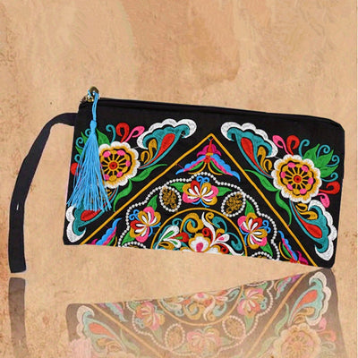 Ethnic Floral Embroidery Long Wallet Wristlet Clutch Bag Phone Vintage Embroidered Wristlet Clutch Evening Bag Wallets for Women