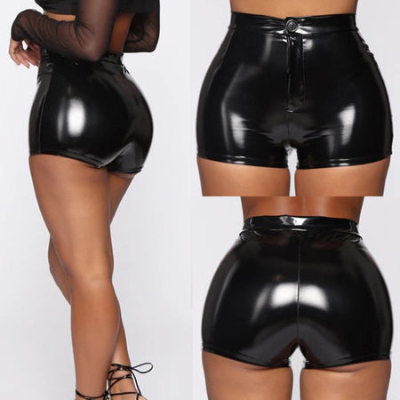 Sexy Nightclub Costumes Shorts Women PU Leather Shorts High Waist Solid Color Button Black Shorts Fashion Summer