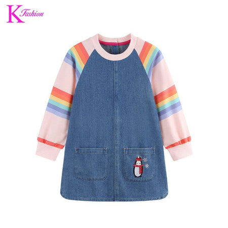 New Girls' Dress  Round Neck Children's Princess Dress Denim Fabric Toddler Kids Clothing 4-8Y