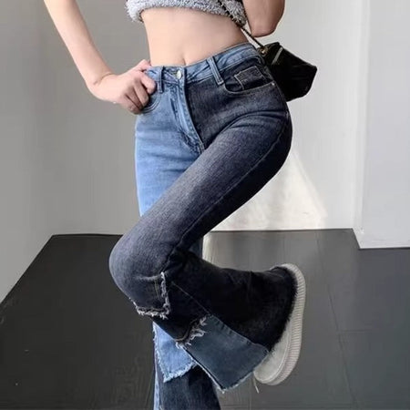 Women Contrast Patchwork Flared Jeans Ladies Stretch High Waist Skinny Boot-Cut Trousers Mujer Fashion Denim Pants Size S-2XL