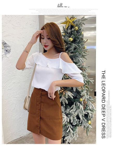 Women's Shirt Tops Fashion One-Shoulder Ruffles Short-sleeved Tops Chiffon Tops S-XXL