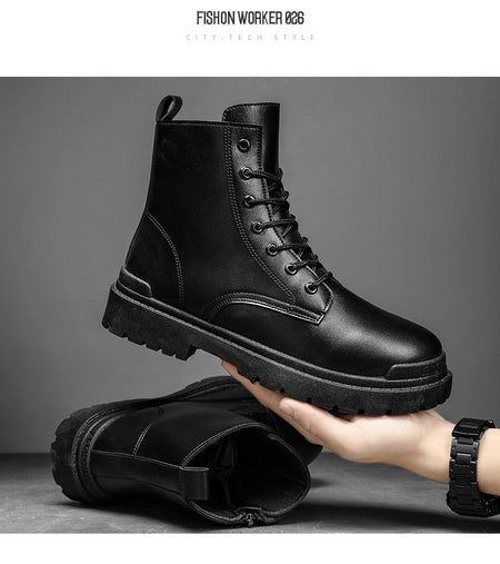 Men's Leather Boots Four Seasons Outdoor Casual Hiking Boots Retro Fashion Work Boots Thick Bottom Ankle Boots Anti-slip Fleece