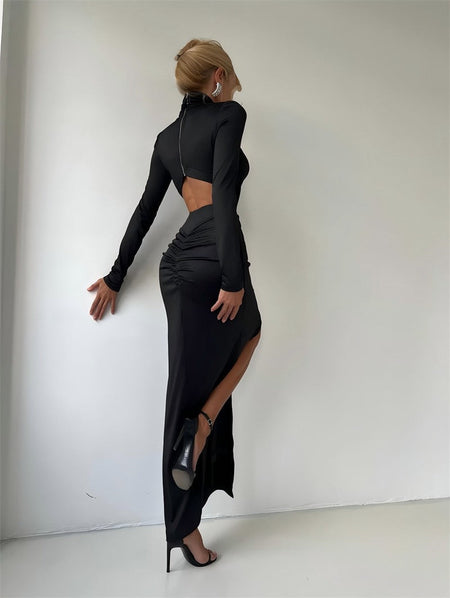 Mozision Turtleneck Backless Sexy Maxi Dress Women Gown Autumn Winter Elegant Long Sleeve Thigh High Split Club Party Long Dress