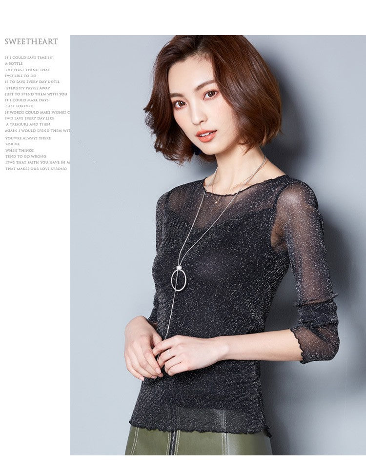 2025 Glitter Mesh Blouse Sexy Womens Shirts Long Sleeve Tops Korean Black Pink O-Neck Elegant Slim Blouse Camisas Femininas
