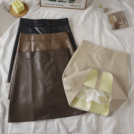 Faux Leather Mini Skirt for Women High Rise A-line PU Short Skirt with Built-in Shorts Black Brown Autumn Winter Trend Outfit