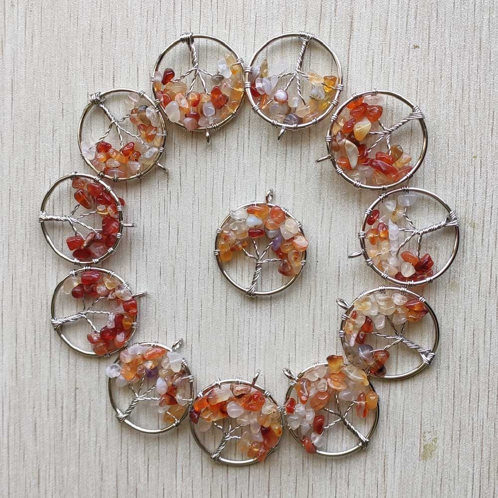 Natural Amethysts Roses Quartz Stone Handmade Wire Wrapped Tree of Life Pendants 30mm for Jewelry Marking Wholesale 12pcs/lot