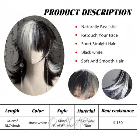 OLACARE Short Mullet Head Wigs with Bangs Synthetic Straight Anime Men Black White Gray Green Hair Wig for Daily Party Cosplay