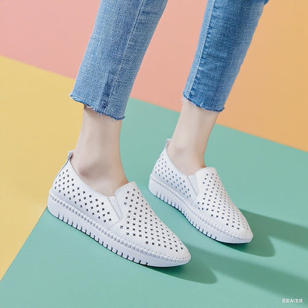 Genuine Leather ladies flats sneakers shoe Women casual loafers shoes female Hollow moccasins White Lace up canvas Boat shoes