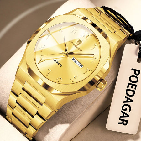 POEDAGAR Fashion High Quality Men Clock Date Week Waterproof Watch For Man Quartz Stainless Steel Luxury Men's Watches Reloj+Box